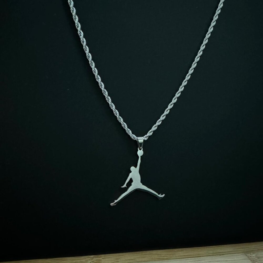 Jordan Jumpman Pendant Necklace - MJ - Silver Plated - 20" Rope Chain